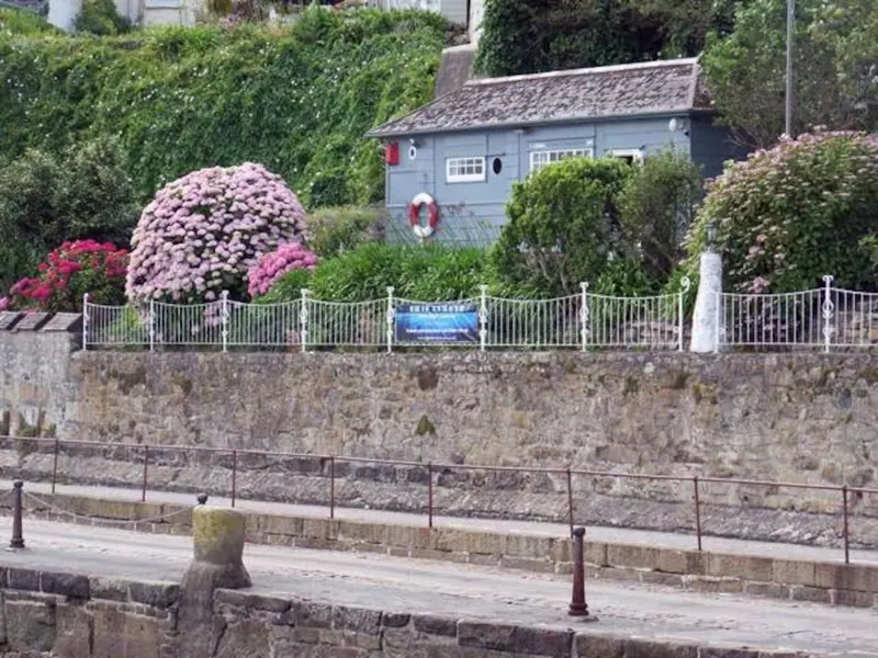 The blue cabin behind white railings and pink hydrangeas, above the old stone harbour wall and quayside