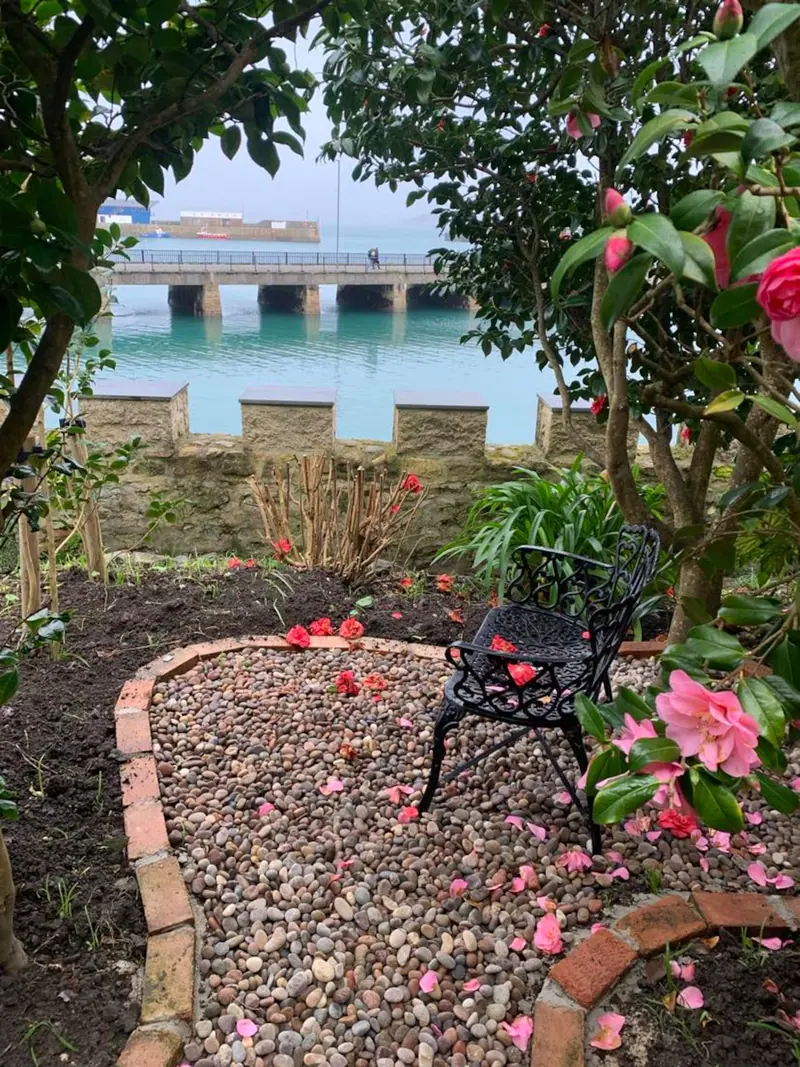 A black wrought-iron chair on a circle of pebbles strewn with pink camellia petals, with the harbour beyond the old garden wall